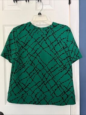 Anne Klein Emerald Green Short-Sleeve Top with Black Grid Print